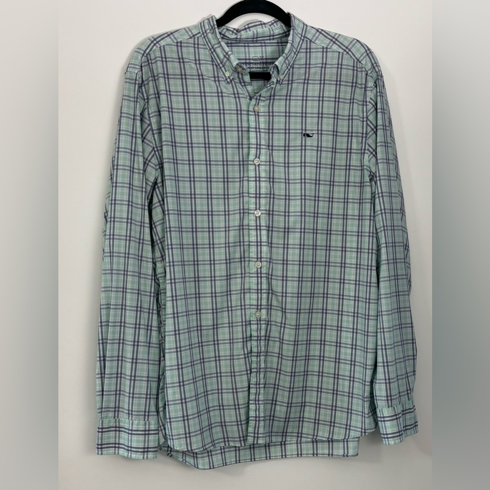 VINEYARD VINES Men’s Performance Button Up Shirt Light Green & Blue Plaid Size L